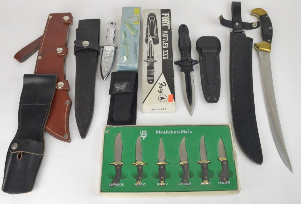 Group Lot of 9 knives & 4 extra sheaths: Group Lot of 9 knives & 4 extra sheaths. 1 United filet knife 17 overall, 1 Fury Rattler XXII 10" overall, 1 Boot Knife 6.75" overall, 6 Miniature knives 4.25" overall plus 4 extra sheaths"