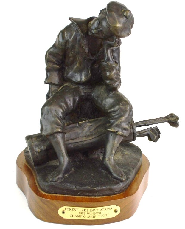Bronze Golf Trophy: Plaque reads Forrest Lake Invitational, Championship Flight Winner, 1989" measures 10" h x 8" w"