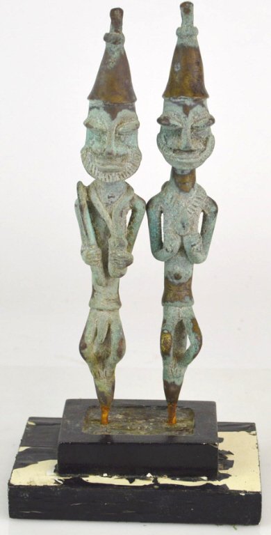 Bronze Yoruba Twins of Nigeria Figures: Chief and his wife bear these scepters on their public appearances to signify their position in the tribe and they are also used for all religious ceremonies in African Mythology, meaure 9 H"