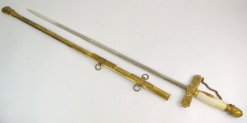 G.U.O.O.F Fraternal Sword: Grand United Order of Odd Fellows Fraternal Sword with scabbard. Horstmann Blade, Engraved Lydia Proctor and GUOOF, measures 35"