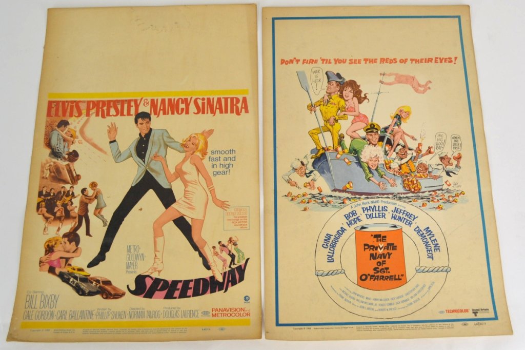 Elvis Movie Window Card Lot: Elvis Movie Window Card Lot , including Speedway" 1968, 68/98, "The Private Navy of Sgt. O'Farrell" 1968, 68/207, both have yellowing, Measure 14" x 22""