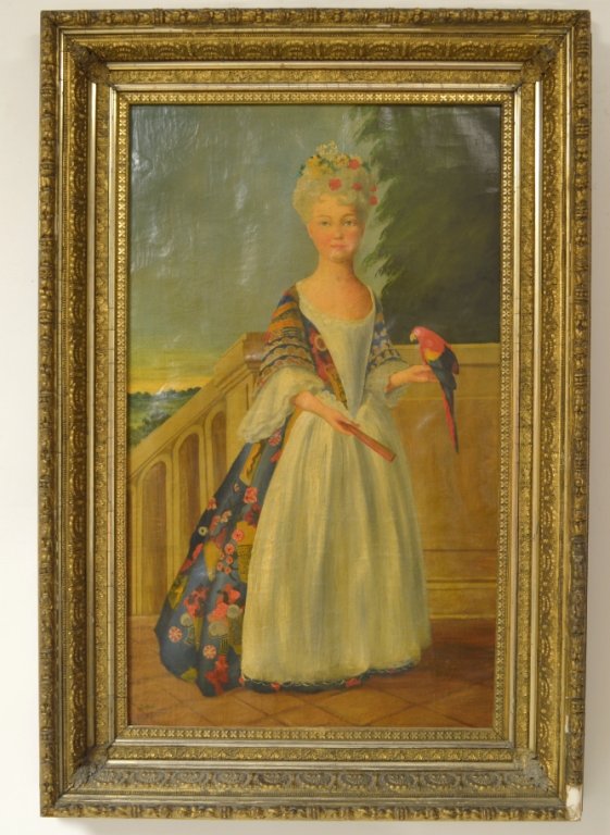 B. Joel Oil on Canvas Portrait of Woman, British: Signed B. Joel, portrays full portrait of woman with parrot, SLL, measures 29.5h x 17.5" w viewable, oil on canvas. canvas is loose"