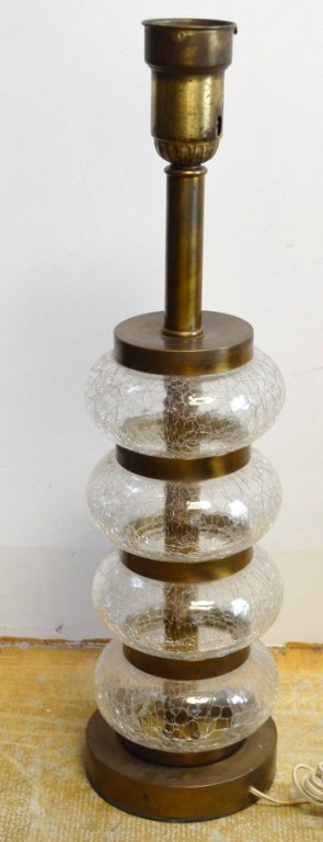 Paul Hanson Mid Century Modern Crackle Glass Lamp: lamp by Paul Hanson feature shimmering crackle glass orbs separated by brass dividers, measures 30"