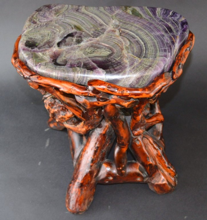 Fluorite Crystal & Wood Handmade Bench: Florite 11 1/2 long x 7 3/4" wide x 3" thick and is about 19 lbs."