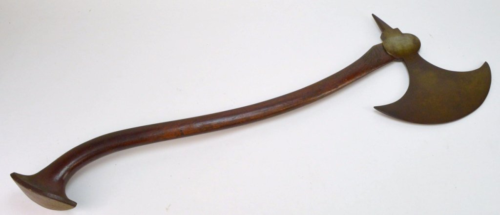 Antique Fireman's Parade Axe: Carved wooden handle, measures 3 Feet in length, loss of rear base of handle. Franklin Fire Company, Easton PA, circa 1850.