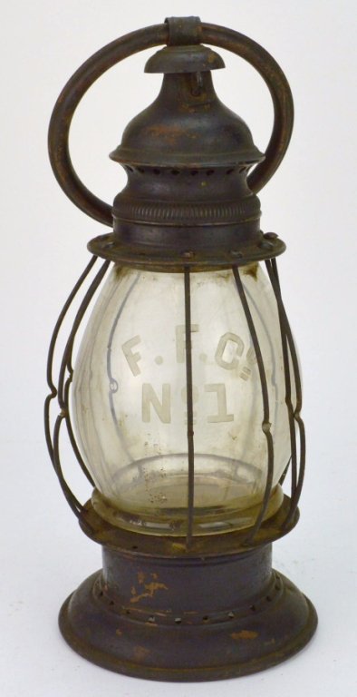 19th Century Fire Lantern: From the Franklin Fire Company 1 in Easton, Pa. measures 13.5 H, Retains original etched glass globe. a couple of the guards are loose or missing"
