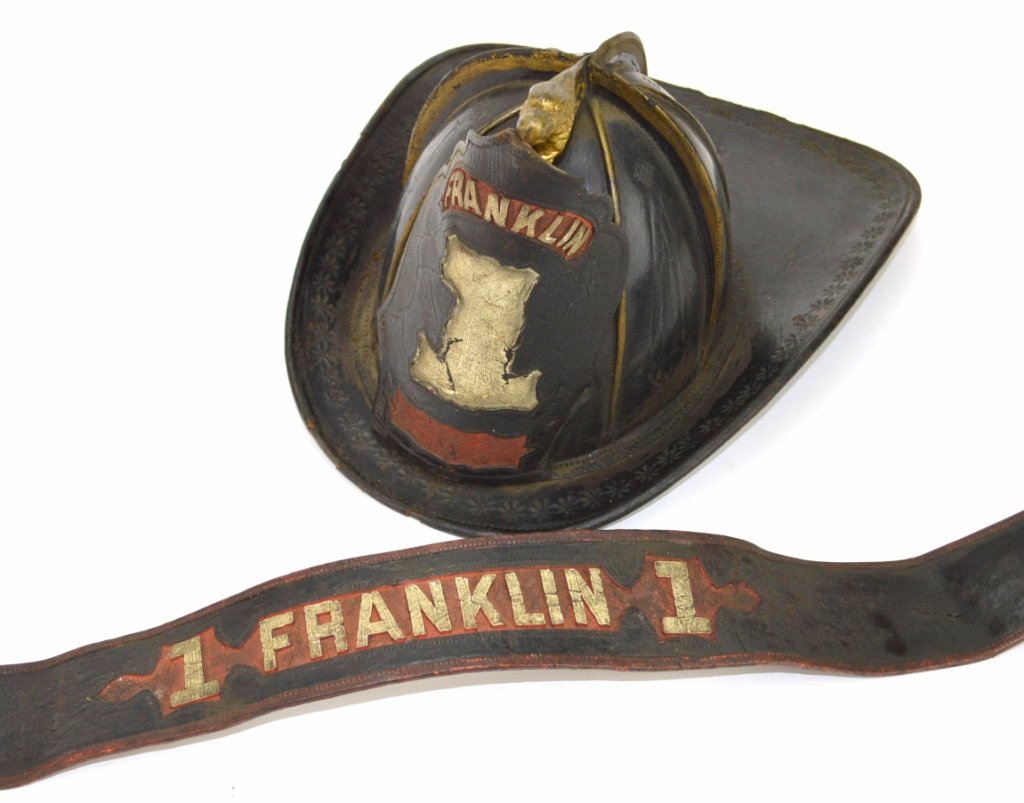 Gratacap High Eagle Leather Fire Helmet & Parade Belt: 19th Century Fireman's Helmet from Franklin Fire Co. Easton PA. Maker H.T.Gratacap Grand Street New York. Loss of Leather from the wire rim approx .25 seperation. Has original gratacap sticker within 