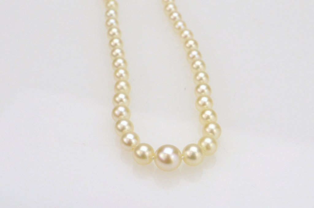Mikimoto Strand of Pearls: 19 strand of graduated pearls with Mikimoto mark on sterling clasp, pearls range from 3.5mm to 7.5mm"