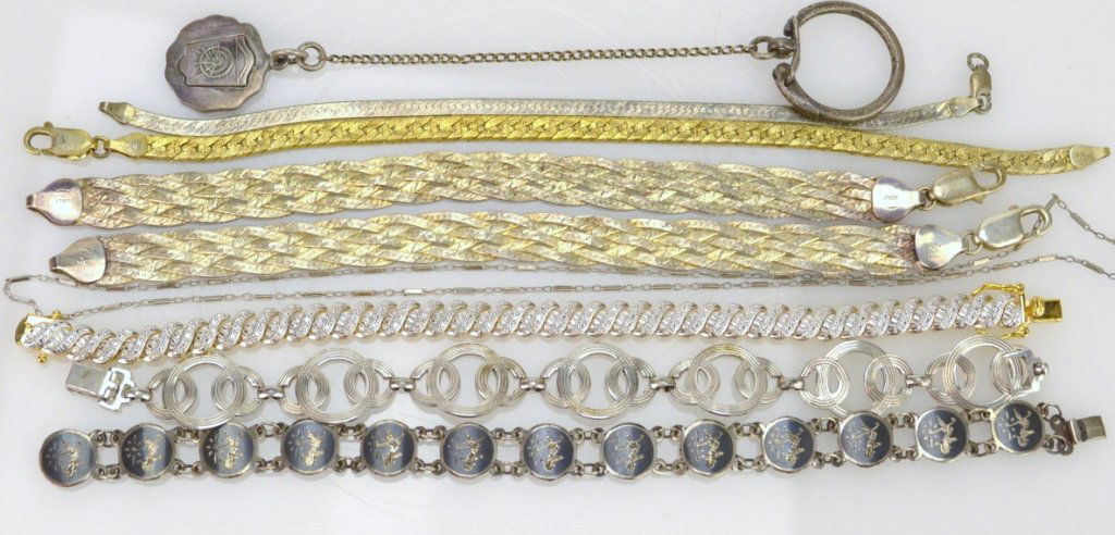 (7) Sterling Bracelets Lot: (7) assorted bracelets, keychain and bracelet. 2.5 ozt