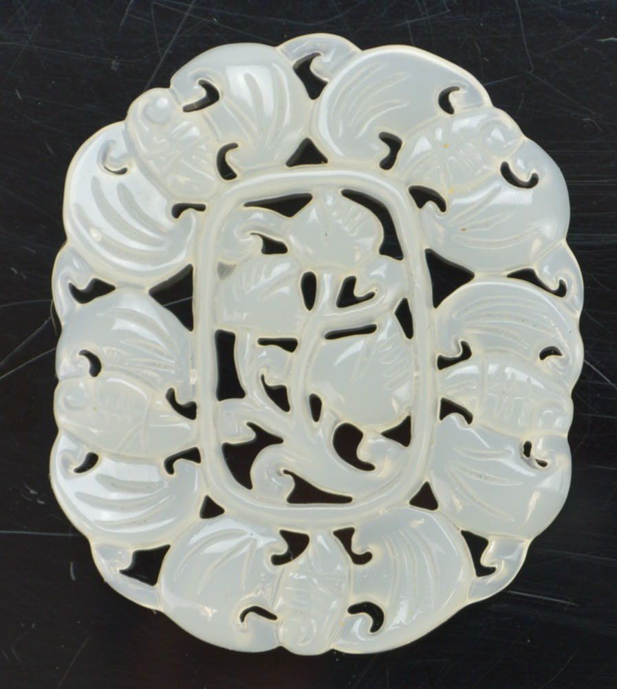 Icy White Jade 5 Bats Pendant: Openwork Pendant. 2" high x 1 3/4 wide. 65 cts.