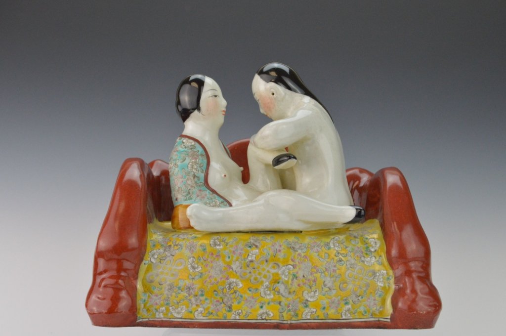 Chinese Porcelain Erotic Figure: Chinese Porcelain Famille Rose Erotic Figure positioned Man & Woman in Nude. Circa 1890"s.Marked on Bottom. 7" Wide x 6 1/4" High