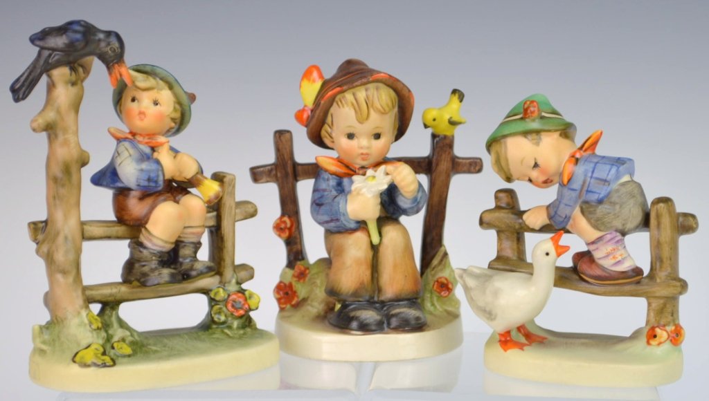 Hummel Grouping: #195 2/0 Barnyard Hero tmk4 4", #342 Mischief maker tmk6 5", #174 She loves me, she loves me not tmk3ss 4.5"