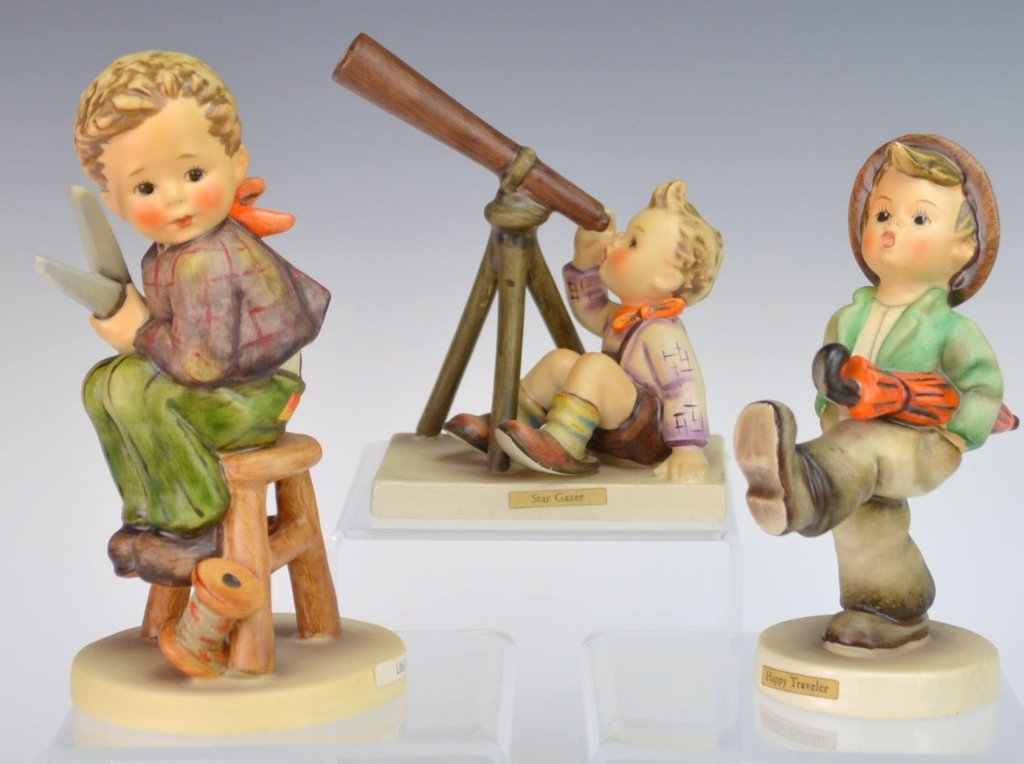 Hummel Grouping: #308 tmk6 6" Little Tailor, #132 tmk3ss 4.5" Star Gazer, 109/0 tmk3ss 5" Happy Traveler