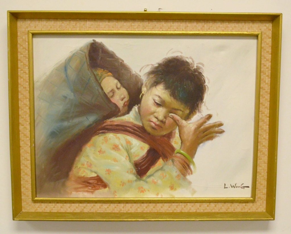 L. Wang Oil on Canvas: Beautiful painting depicting mother and her child, measuring 27.5" x 21" framed and 22.5" x 16" viewable.