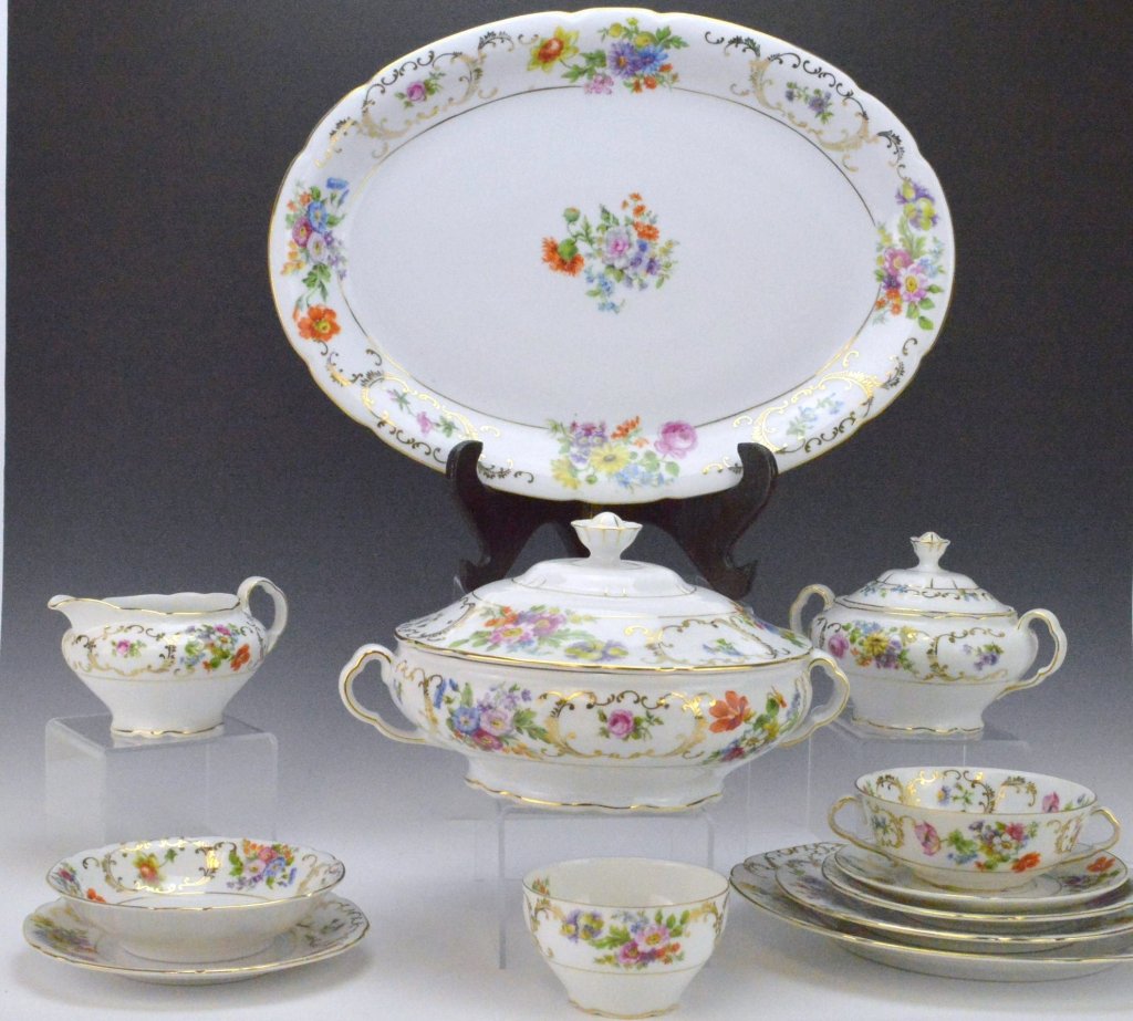 Victoria Porcelain Service for 10: This elegant set with floral design and gilt trim includes a full service for ten including dinner plates, salad plates, cups and saucers, demitasse and saucers, soup bowls and their underplates, grad