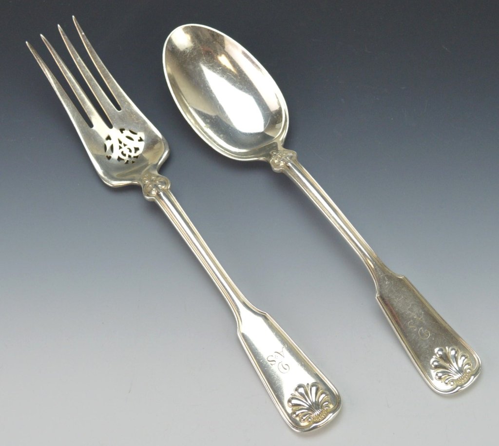 Tiffany and Co. Sterling Flatware Serving Set: Includes Tiffany and Co. Sterling Silver Serving Fork adn Serving Spoon with the "Shells and Thread" Pattern. 6.5ozt