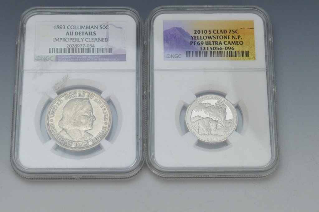 NGC Graded Coin Grouping: Includes a PF 69 ultra cameo 2010 s clad yellowstone national park quarter, and an improperly cleaned, with AU details, 1893 silver colombian 50 cent piece.
