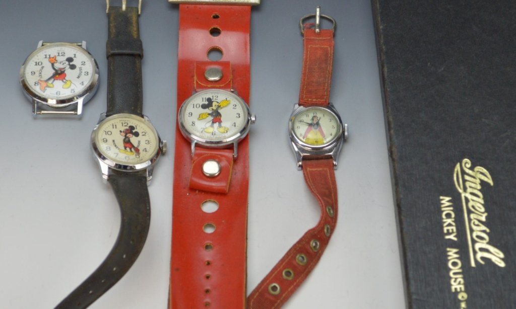 Vintage Mickey Mouse Watch Grouping: Includes (3) Mickey Mouse watches, one ingersoll miickey mouse box and one Snow white watch