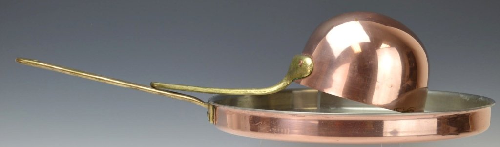 Copper Cookware Grouping: Includes Culinox creep pan and unmarked, appears to be french made, round bottom pot. measure 13" and 6' in diameter