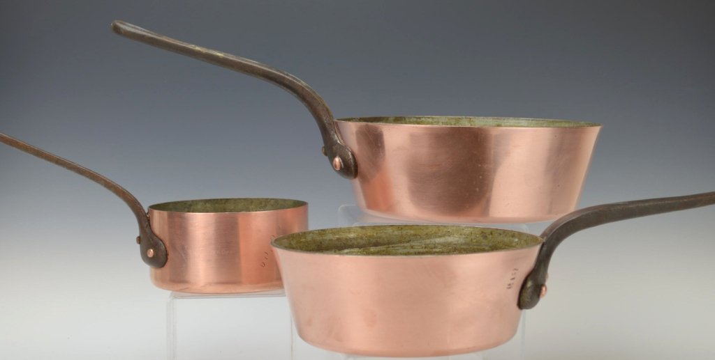 French Copper Cookware Sauce Pans: All marked Lamalle, New York City, Made in France, and stamped ERH on bottom. Measure 5.5", 8", 9.5"