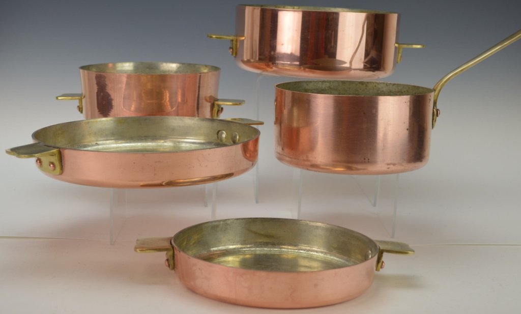 French Copper Cookware Grouping: Sauce pan, stamped made in france and ERH, measures 6.5", other pieces measure 6.5", 7", 8" and 8.5" and are not stamped