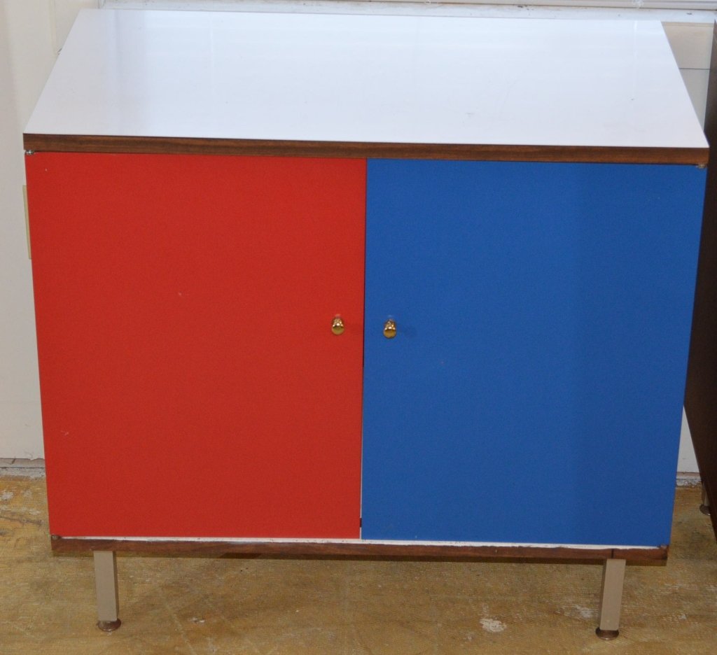Mid Century Modern Bedroom Set: Unsigned, in the manner of George Nelson for Herman Miller. Includes (1) dresser 18' x 62" x 29.25", (1) cabinet with two doors 18" x 29.25" x 31". (1) two piece desk with three drawers 29.5" x 54" x 
