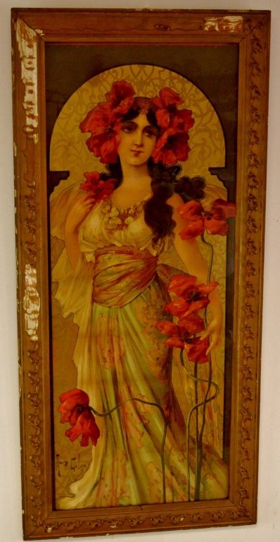 Mary Golay "Poppies "Art Noveau Panel: color lithograph signed "Mary Golay" (in the plate, lower left)_x000D_ 38.5" x 15.5" viewable, frame measures 44" x 20". Mounted under glass in period frame, small area of transference to glass. not i