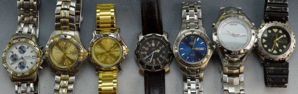 Wristwatch Grouping: Includes (7) assorted wristwatches. Makers include Citizens, Swiss Army, Timex Ironman, Pulsar Chronograph, Casio. Most need batteries.
