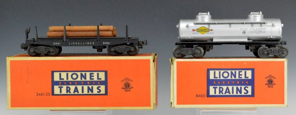 Lionel No. 6465 and 3461 Grouping: Includes Lionel No. 6465 Sunoco tank car and No. 3461 Automatic lumber car. Both with original boxes.