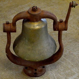 Large Steam Locomotive Bronze Bell: Complete Steam Locomotive bell, includes bell, cradle, yoke, clapper and pull arm. Overall dimensions are 26" high and 19" across (cradle and yoke) and the bell measures 12" high by 14" wide. Yoke is