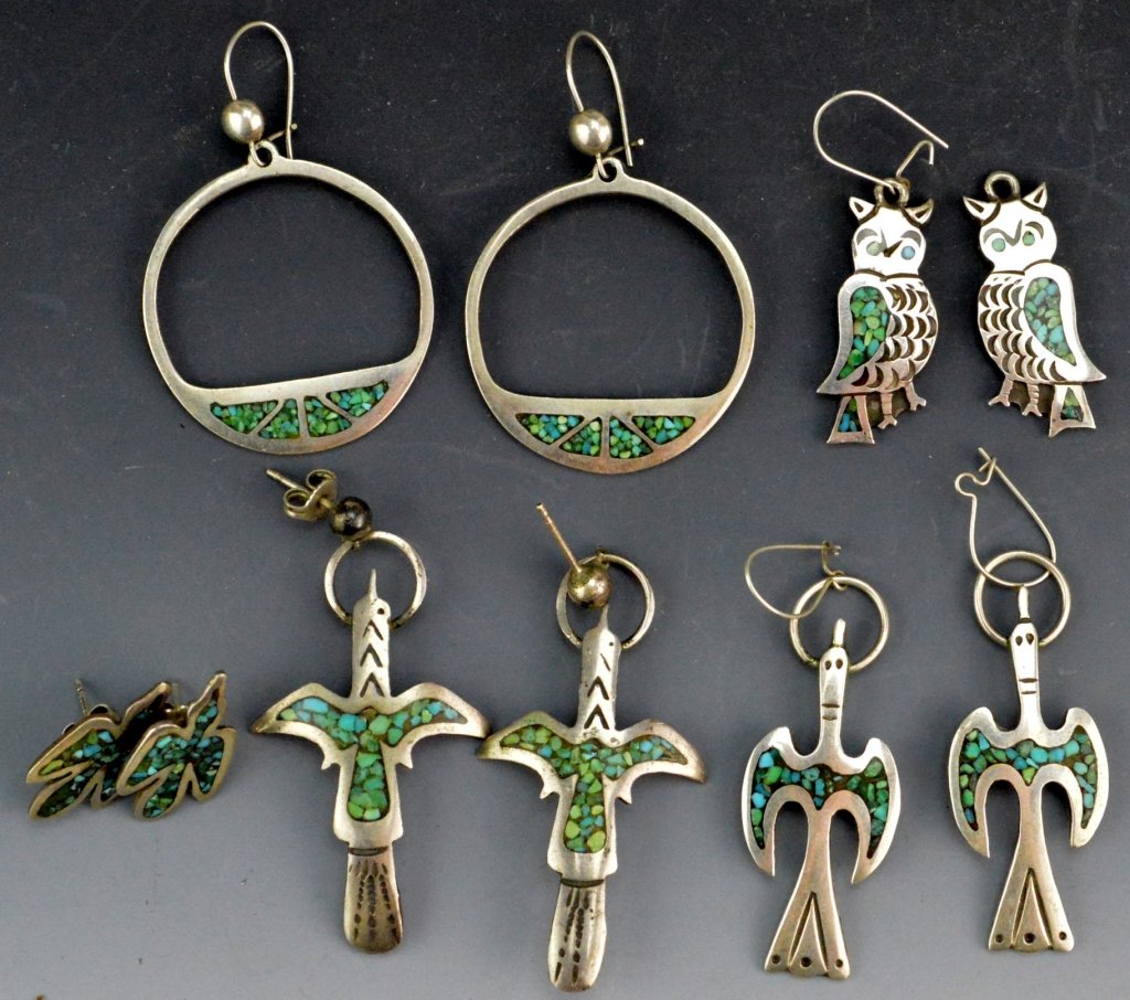 Navajo Silver Green Turquiose Chip Inlay Grouping: Includes (5) pairs of silver Navajo green turquoise chip inlay earrings. Thunderbird pairs measure .75", and (2) 1.75", owl pair measures 1", hoop pair 1.25'. All unsigned.