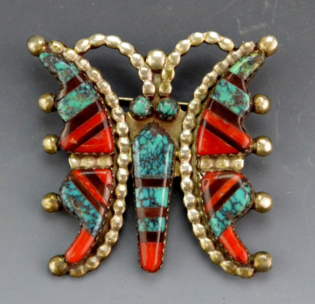 Signed Coral Turquoise Butterfly Pin: Signed by Wayne and Josie haloo this beautiful Zuni pin measures 1.5" x 1.5"
