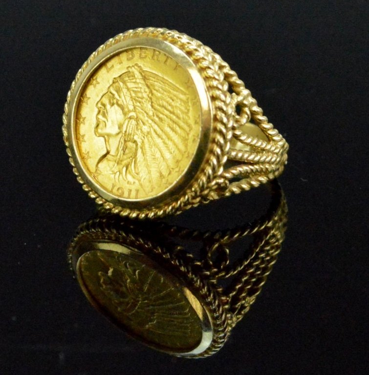 14k YG $2.5 US Gold Coin Ring: 14K yg ring holding a 1911 Liberty 2 1/2 dollar coin, BLF, 6.8dwt. Size 7.5_x000D_