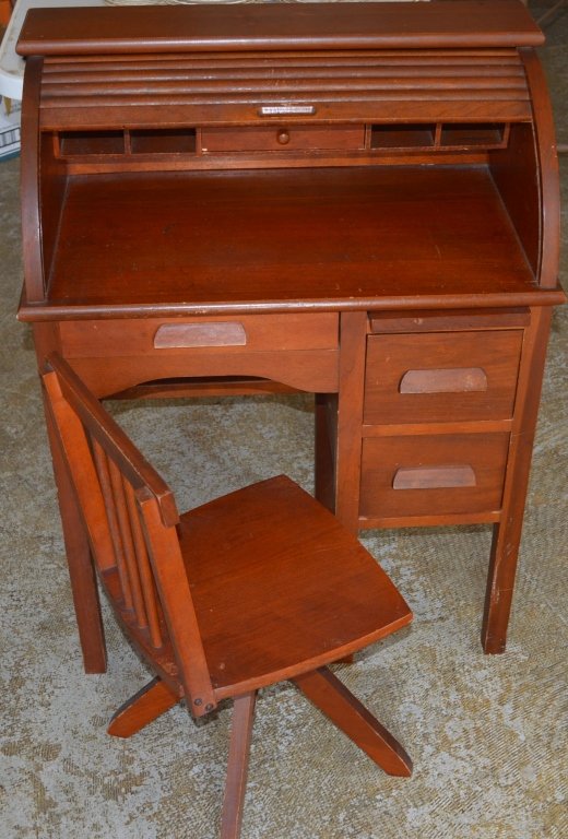 Child Roll Top Desk and Chair: Nice early childrens rolltop desk with chair. Measures 36" x 27" x 15" and the chair 26" x 12"