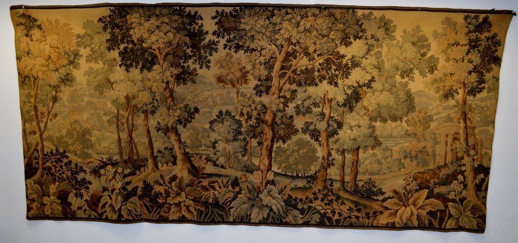 Aubusson Style Wall Tapestry: Measures 127" x 60", appears to be machine made, c. 1920-30.