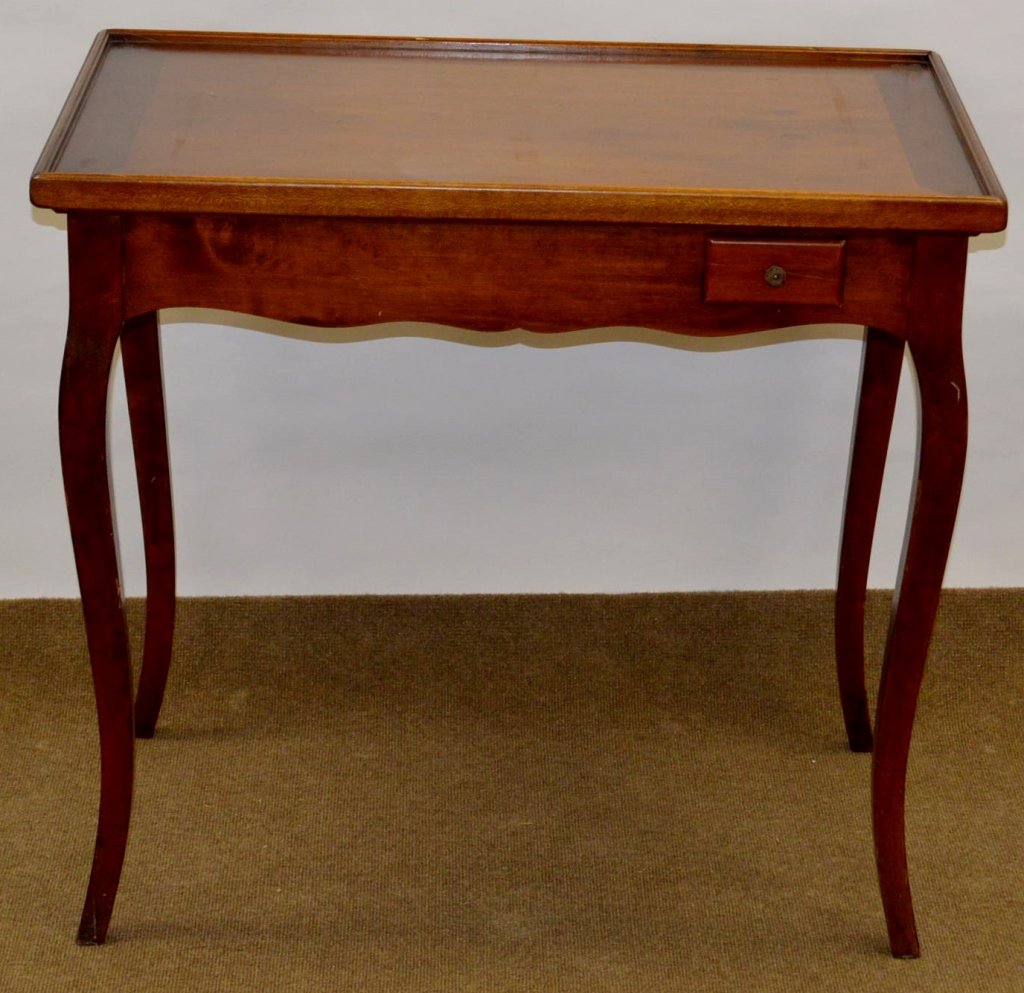 Mahogany Games Table: Has backgammon and chess/checker board, inlayed. 34" x 22" x 30". Has two drawers, one repaired and one needs repair.