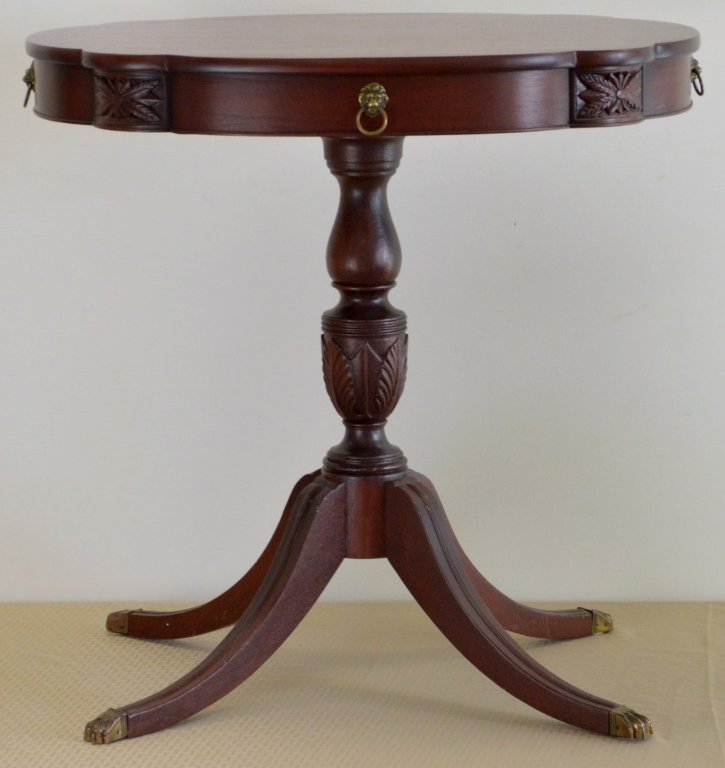 Mallary Duncan Phyfe Mahogany Table: Measures 28" x 24"x 28"H .carved base with rosettes