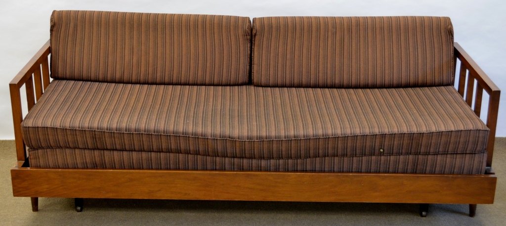 Mid Century Daybed Pullout Sleeper: Walnut Mid Century Daybed Pullout Sleeper, measures 77" x 23"x 32"
