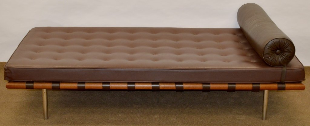 Mies van de Rohe for Knoll Barcelona Day Bed: A Knoll Barcelona Day Bed. 2nd half of 20th century. Designed by Mies van de Rohe. tufted leather upholstery and bolster pillow with rosewood and steel frame. 15"h x 40"w x 76"l. Has small stain to le