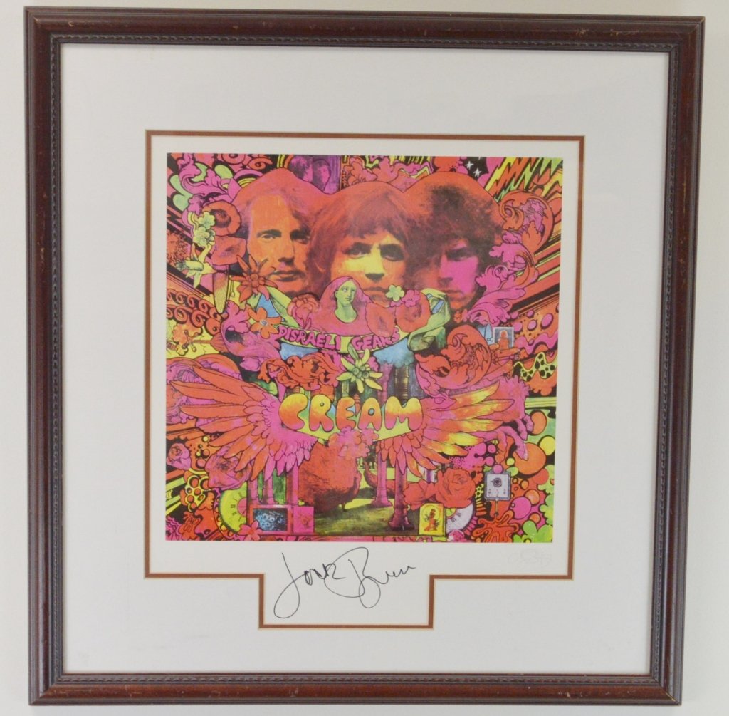 Jack Bruce Signed Gears Print: Iconic Cream cover print from the Disraeli Gears album. Includes signature of Jack Bruce, Cream's bassist/singer and also pencil signed by Martin Sharp, creator of the album cover. Measures 28" x 30"
