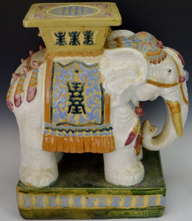 Chinese Export Elephant Garden Stool: Glazed terracotta modeled of elephant. Has small fleck of front decoration. Measures 19" W x 22"H