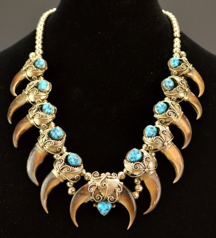 Navajo Sterling Bear Claw Squash Blossom Necklace
