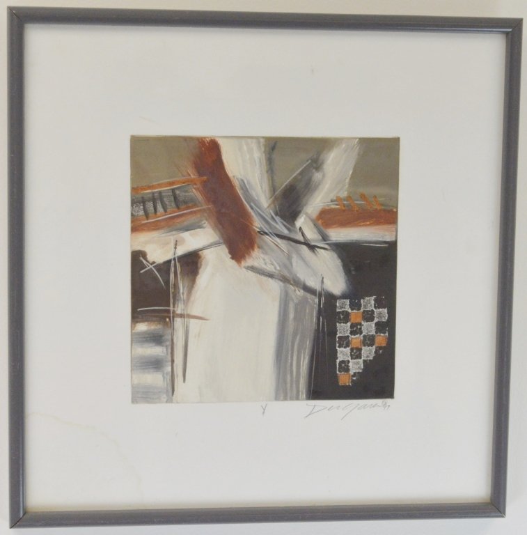 Ann Dergara Signed Mixed Media Print: Measures 18" x 17" framed and 10" x 10" Signed Dergara '97. Has water damage lower left not in print.