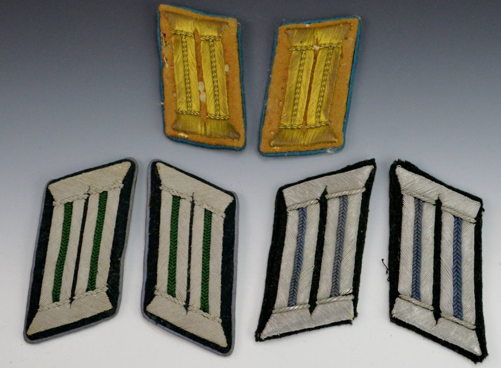 German WWII Collar Tab Grouping: Includes (3) pairs, DAK Africa Corps with blue border, armored infantry with dark green center, and army specialist with blue grey center.