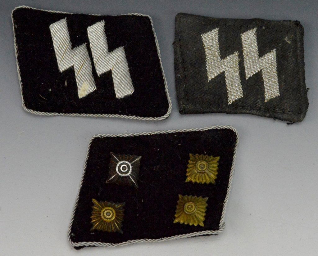 German WWII SS Colar Tab Grouping: Includes (3) German WWII SS collar tabs, (2) with embroidered SS logo and (1) with gilt and alloy pips