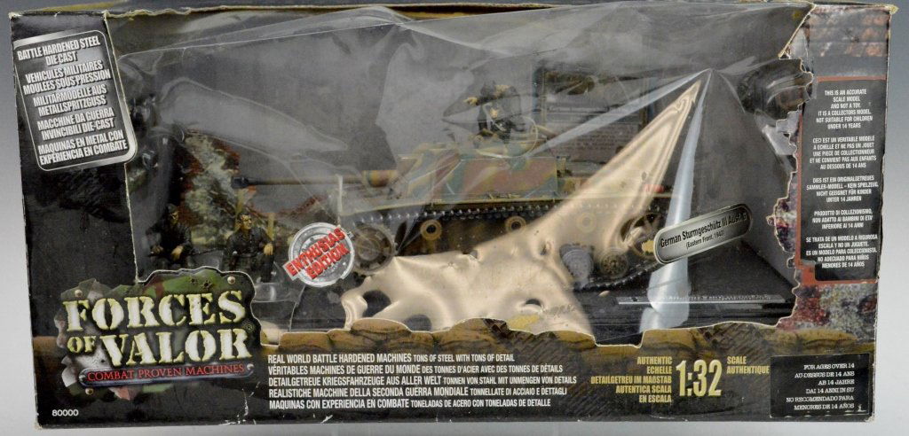 Forces of Valor German Stug III Aust G Model: 1:32 scale Forces of Valor German Stug III Aust G Model Eastern front 1943 "Enthusiast Edition" In original box, unopened. Front plastic has been pushed in on one corner.