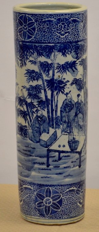 Early Chinese Blue and White Umbrella Stand: Measures 8" x 24". Has small hole drilled into base, handthrown.