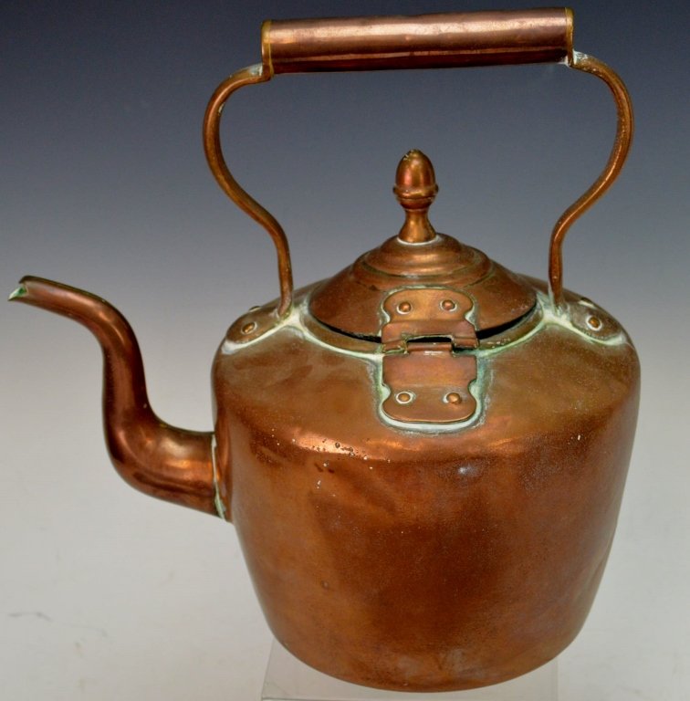Early Copper Gooseneck Teapot: Dovetailed construction, measures 13" x 10"