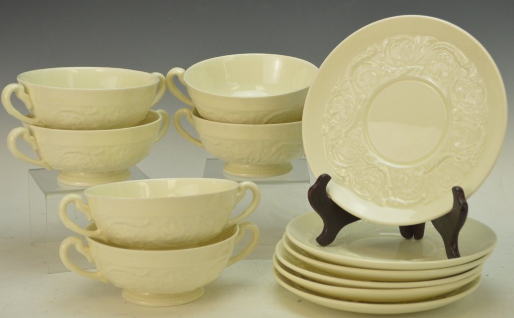 Wedgwood Patrician Soup Bowl Grouping: Includes (6) bowls and plates in the Patrician pattern, bowls measure 7" x 2.5", underplates measure 7"