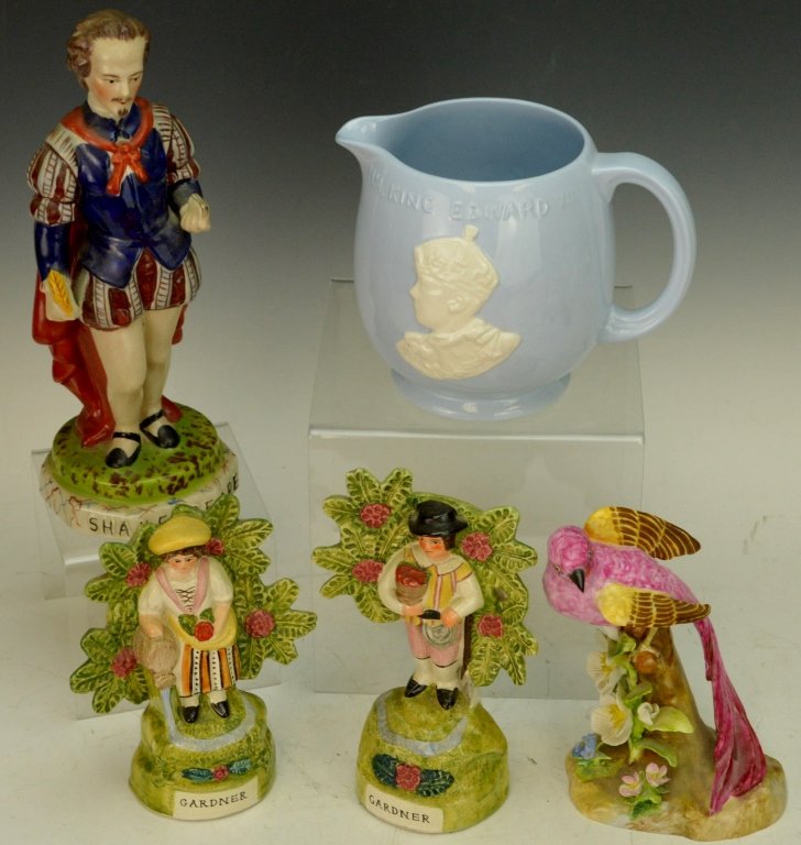 Decorative Porcelain Grouping: Shakespeare is unmarked and measures 9.75" tall; Lord and Lady Gardners are unmarked, Crown Staffordshire pink bird, and Creamware pitcher by Johnson Brothers, featuring Edward VIII Coronation, measur